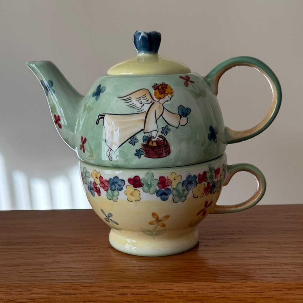 Hand-Painted Angel Teapot and Cup Set